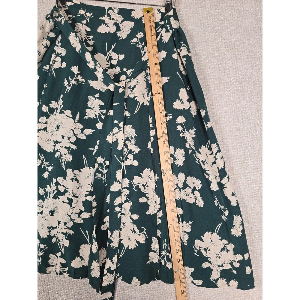 Allegra K XL‎ Green Floral Midi Skirt A-Line Self Tie Belt Side Slit Womens